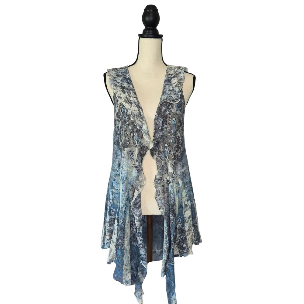 Origami Blue Cream Lace Ruffled Waterfall Duster Cardigan Vest Womens size S/M